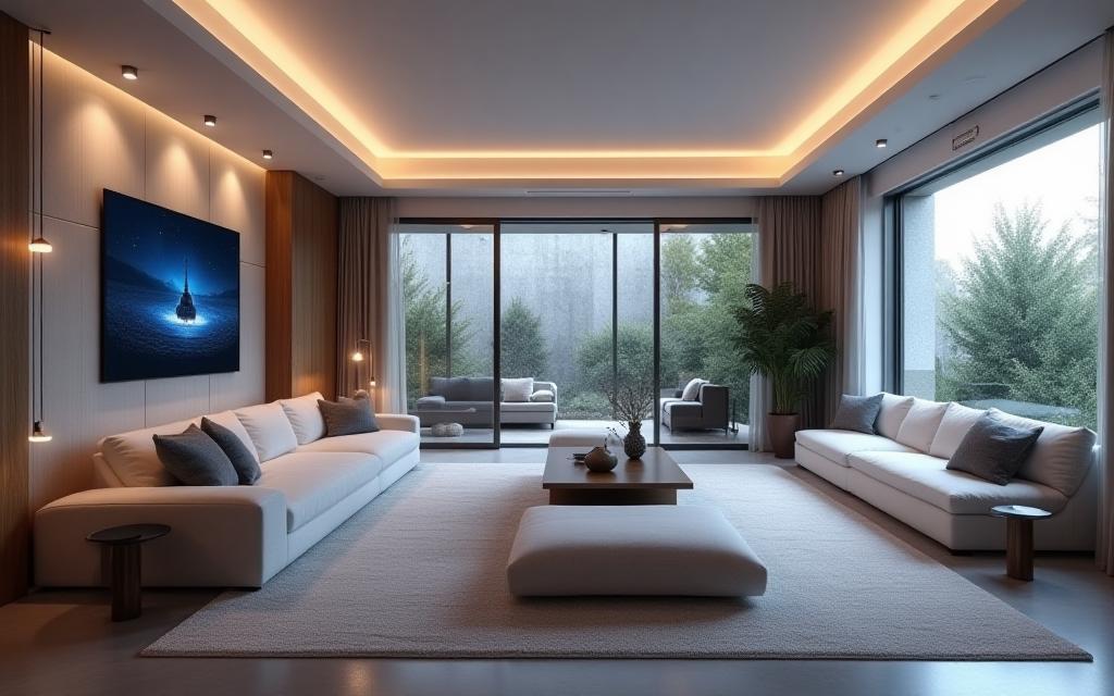 Modern living room with integrated smart home technology and minimalist design.