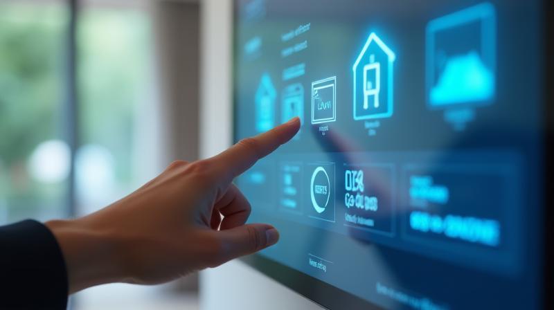 Hand interacting with a smart home control panel.